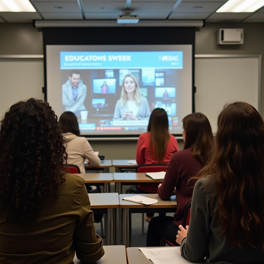 Students engaging in classroom discussion about media influence