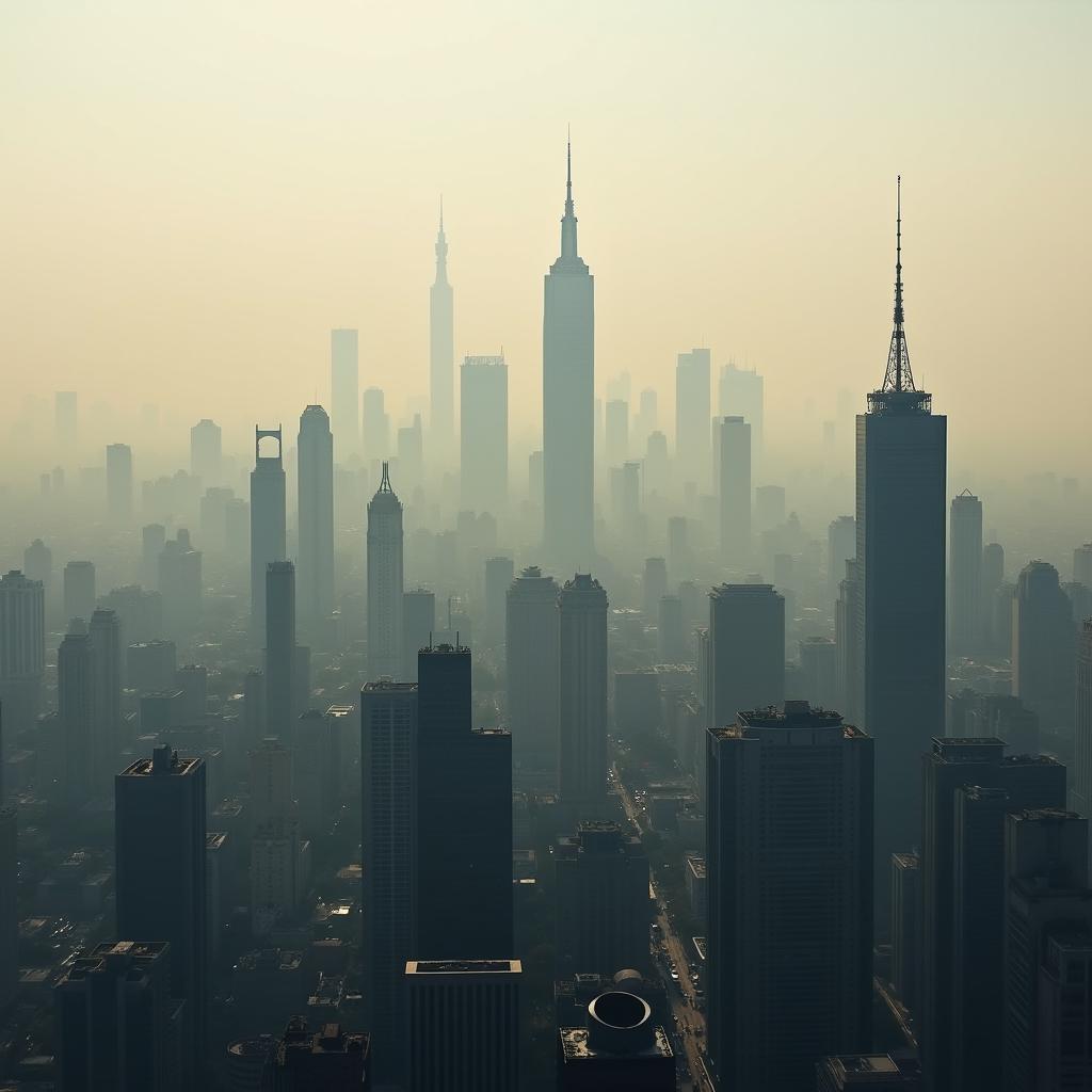 Panoramic view of a megacity under a thick layer of smog due to urbanization and air pollution
