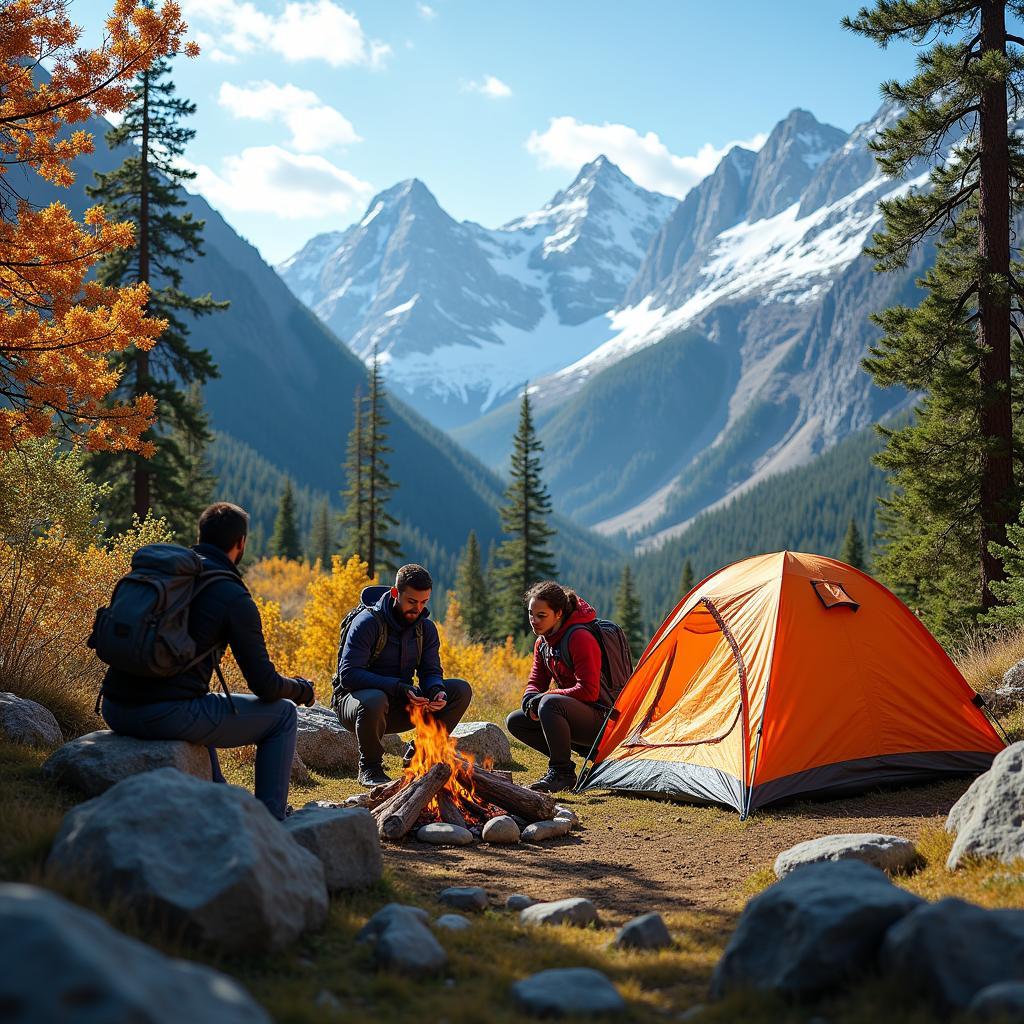 Memorable outdoor autumn camping trip adventure in the scenic Rocky Mountains with friends.