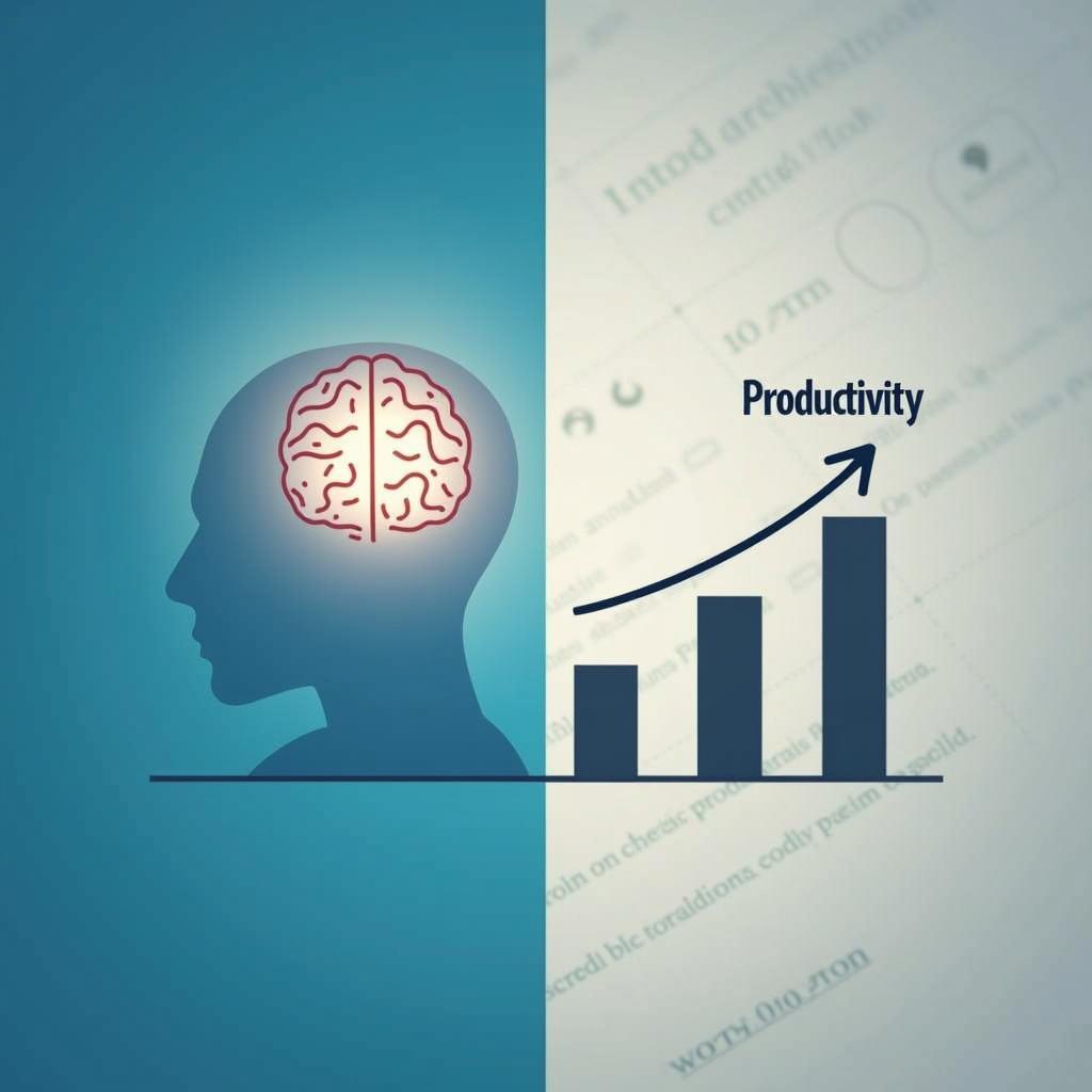 Conceptual image linking mental well-being symbols with productivity graphs for IELTS essay question analysis and understanding employer roles.