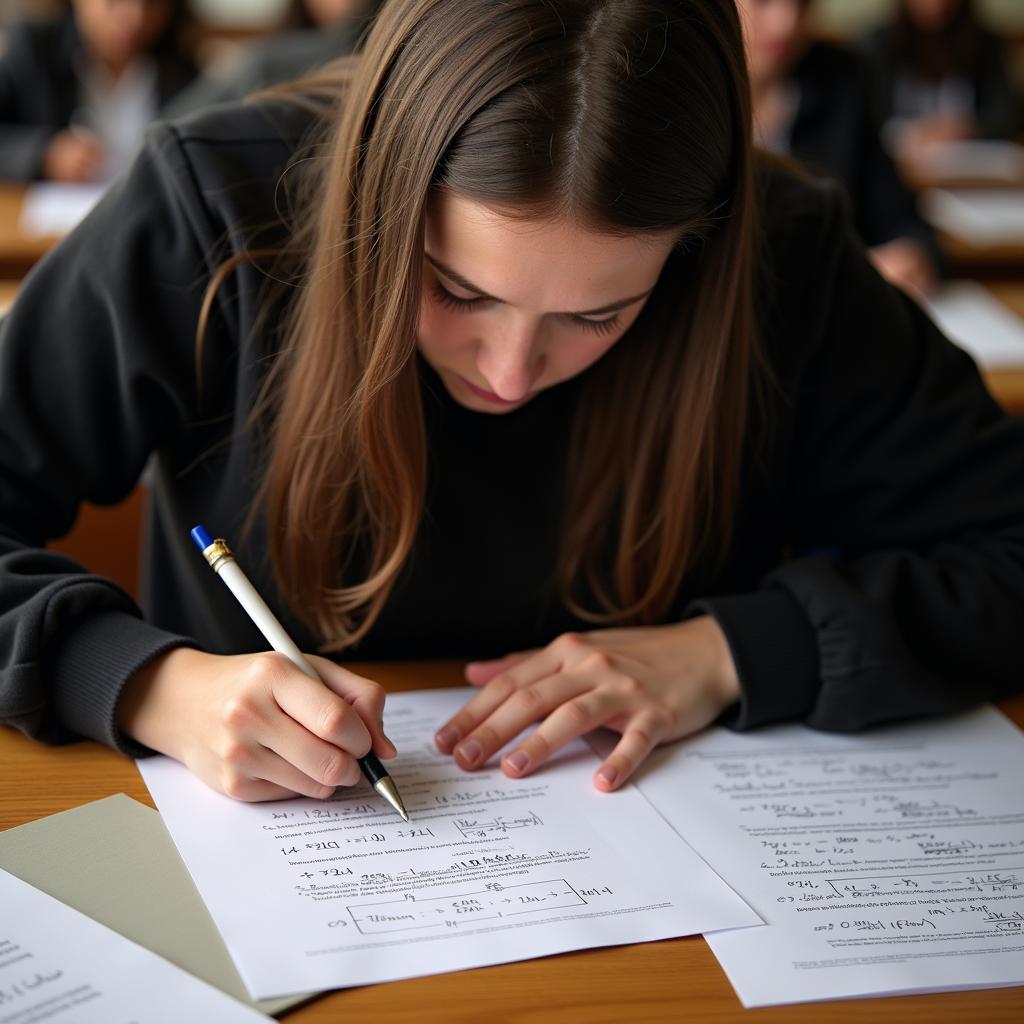 Focused student performing mental math calculations on paper for IELTS speaking test, demonstrating skill without a calculator.