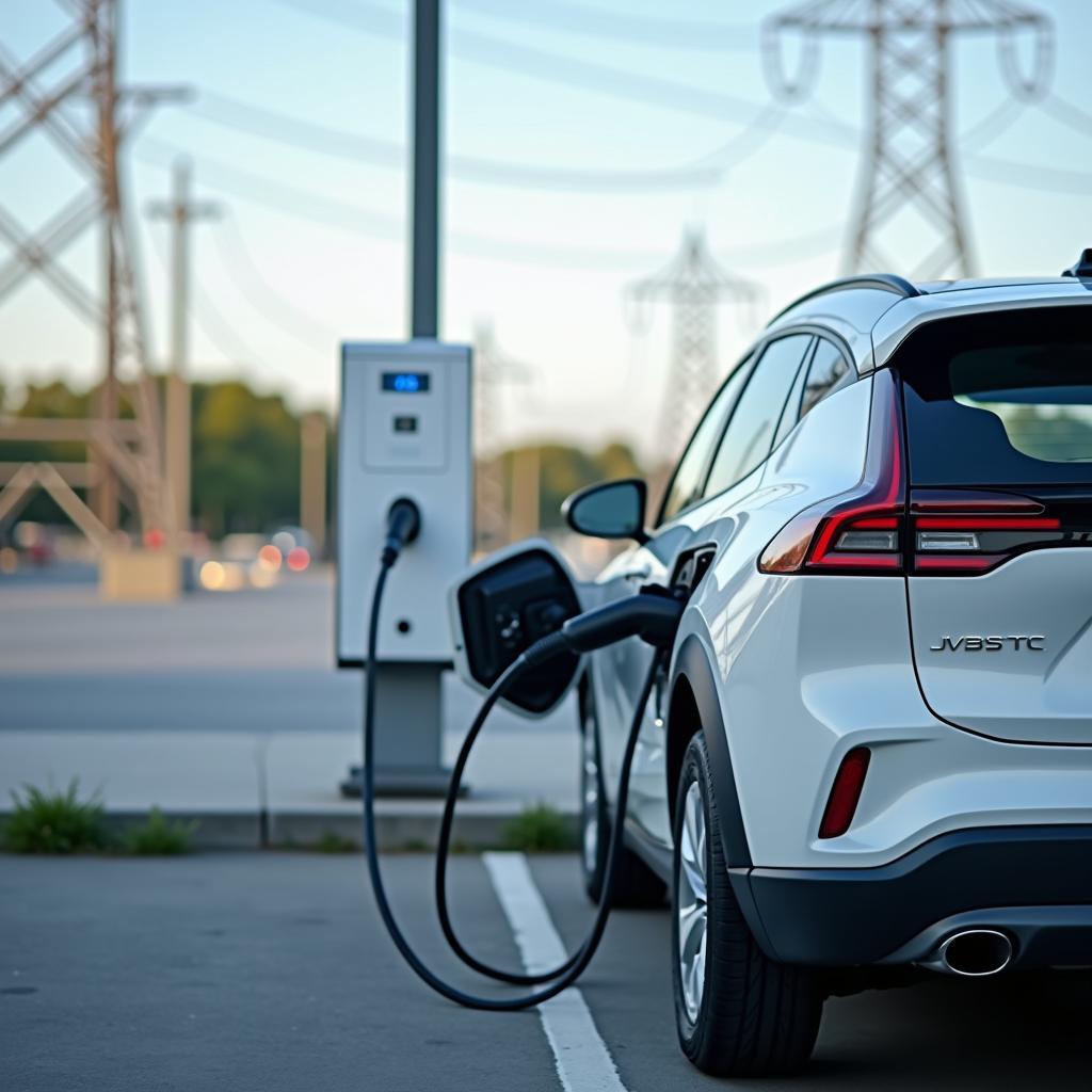 Modern electric car at public charging point, showcasing sustainable urban mobility and EV green energy.