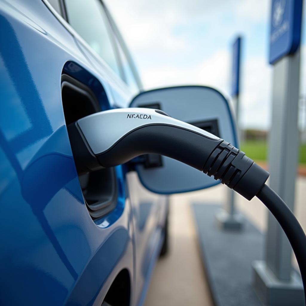 Modern electric vehicle at charging station, symbolizing renewable energy transition for cleaner air.