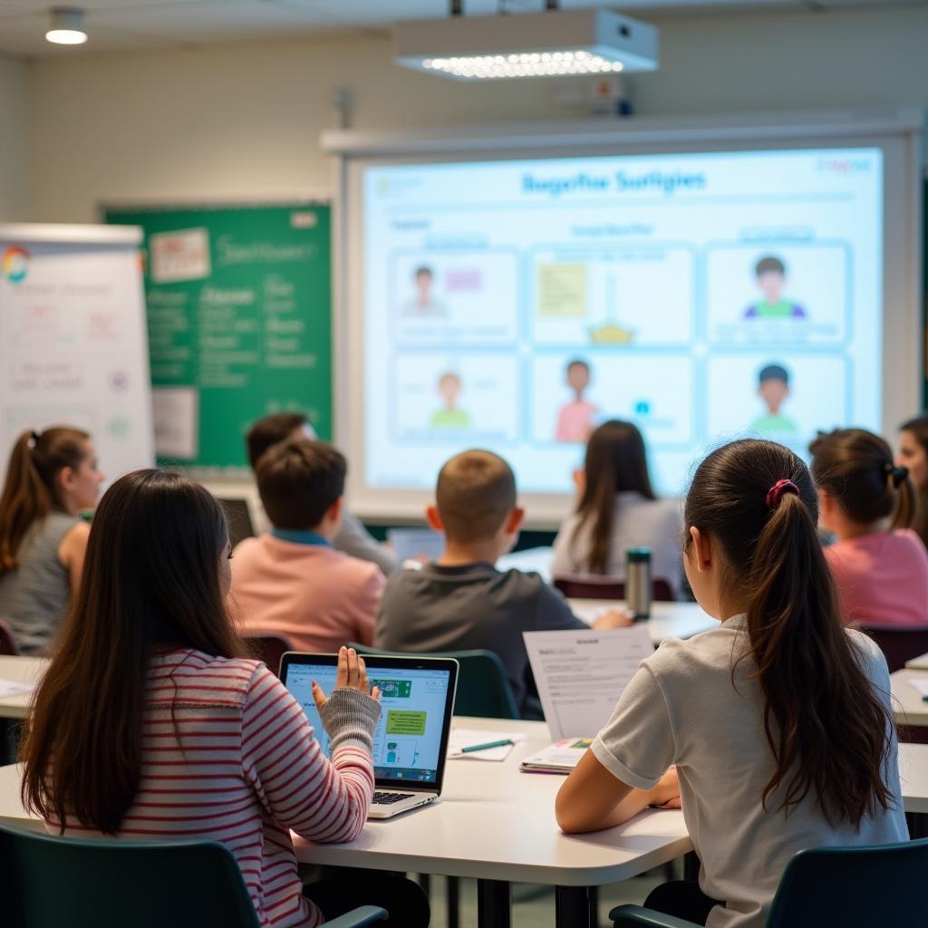 Diverse students learning multiple languages in modern classroom setting