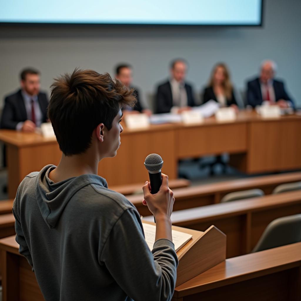 Anxious student presenting final thesis to professors during nerve-wracking academic presentation, feeling nervous.