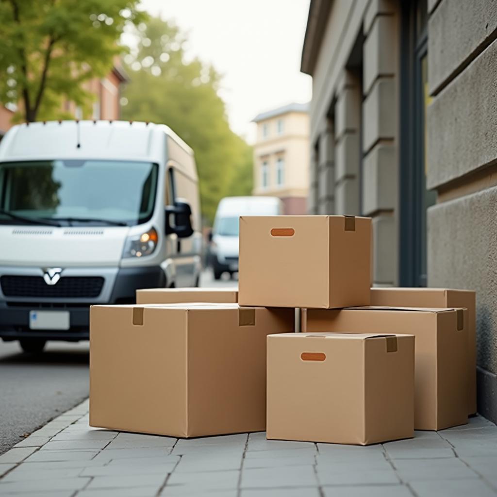 Environmental impacts of online shopping showing packaging waste and delivery vehicles