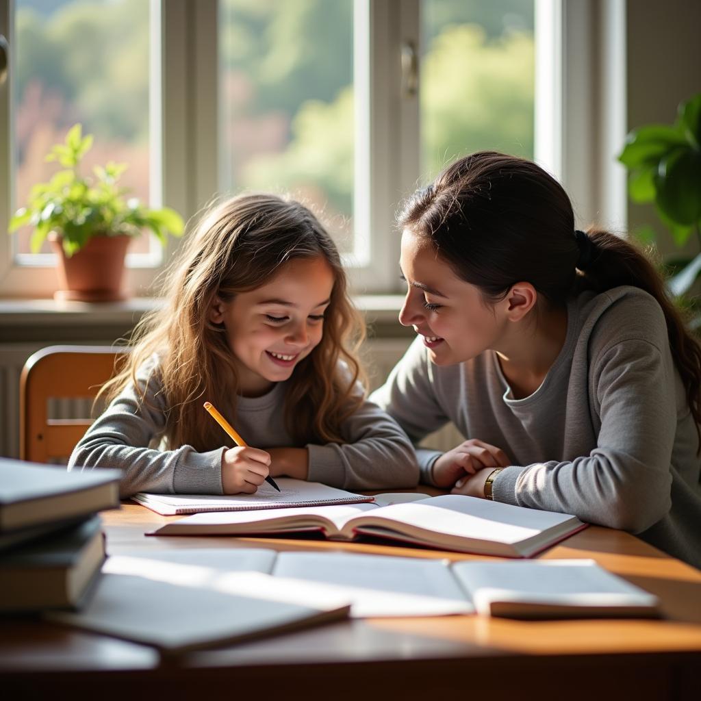 Parents assisting their child with homework while maintaining positive learning environment
