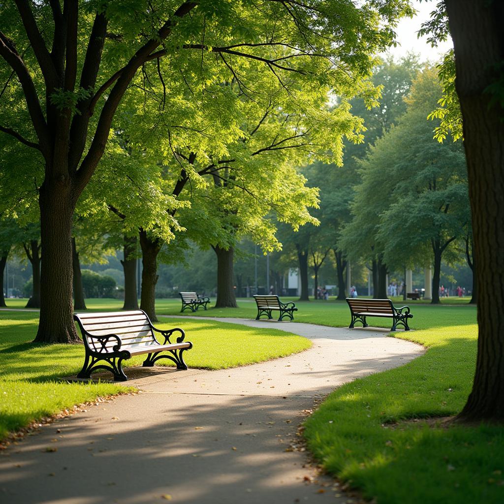 Serene park setting with lush green lawns and benches, ideal for a relaxing lunch break.