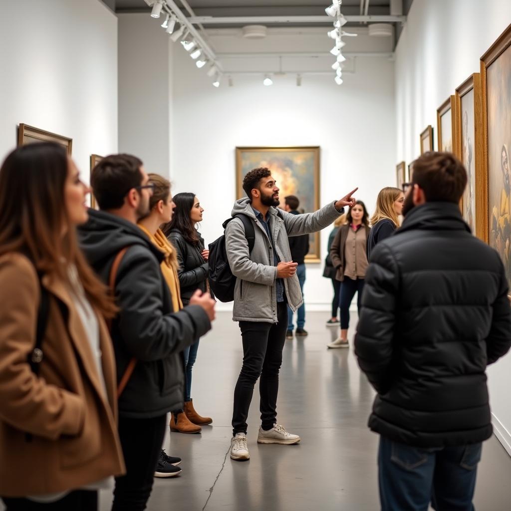 Diverse group of people thoughtfully observing paintings in a well-lit modern art gallery exhibition.