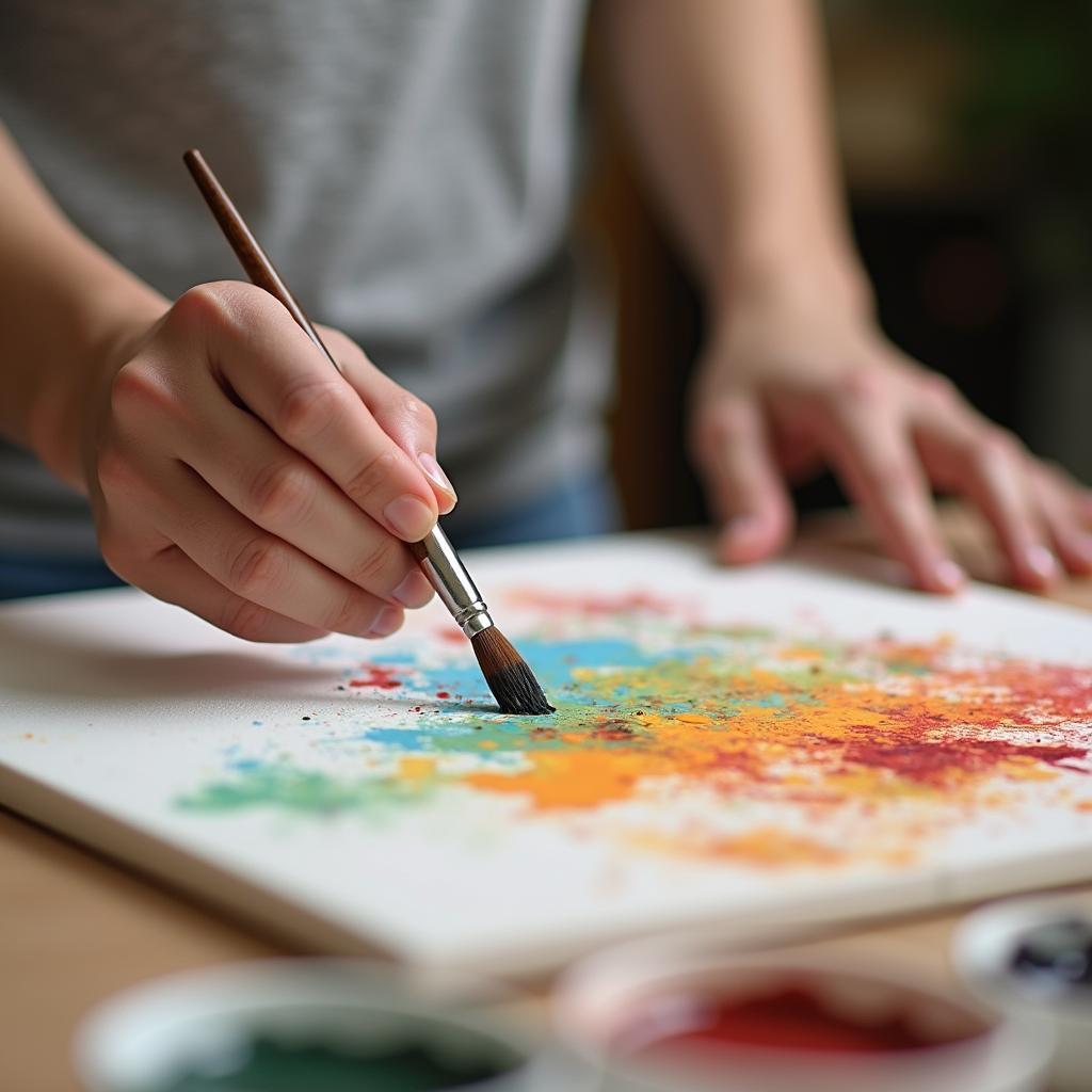 Adult comfortably engaged in painting hobby indoors as a relaxing and creative activity for IELTS speaking.