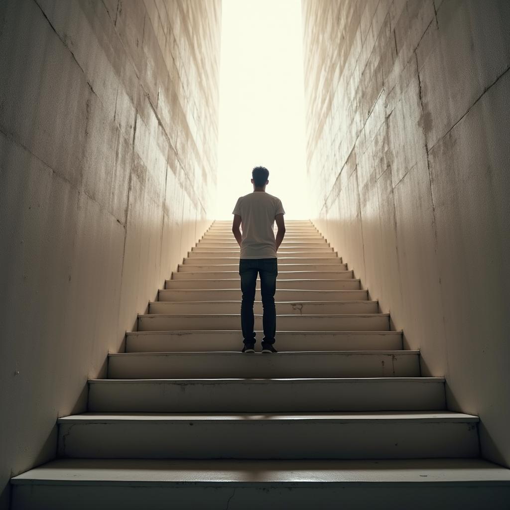 Person at staircase bottom, looking up, symbolizing strong determination to achieve an ambitious goal for success.