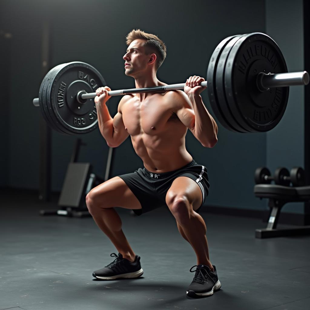 Athlete demonstrating correct form for a barbell back squat exercise in a gym setting.