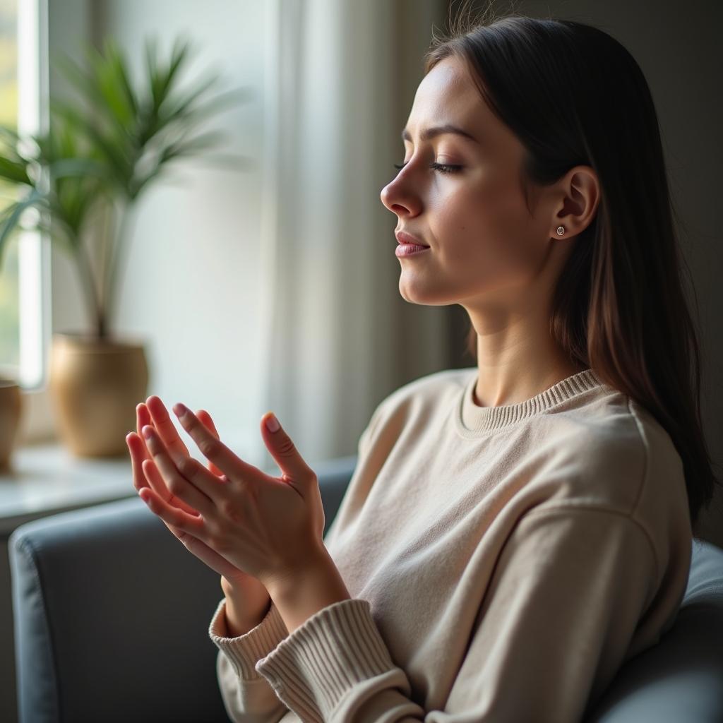 Person using mindfulness techniques like deep breathing to calmly manage fear and anxiety for IELTS.