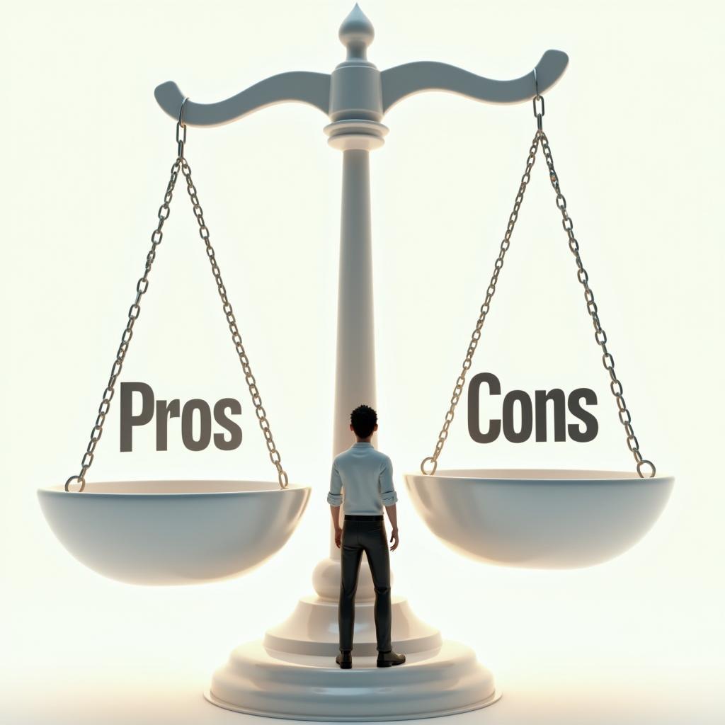 Person thoughtfully weighing pros and cons on a scale, illustrating careful decision-making process for ielts speaking topic.
