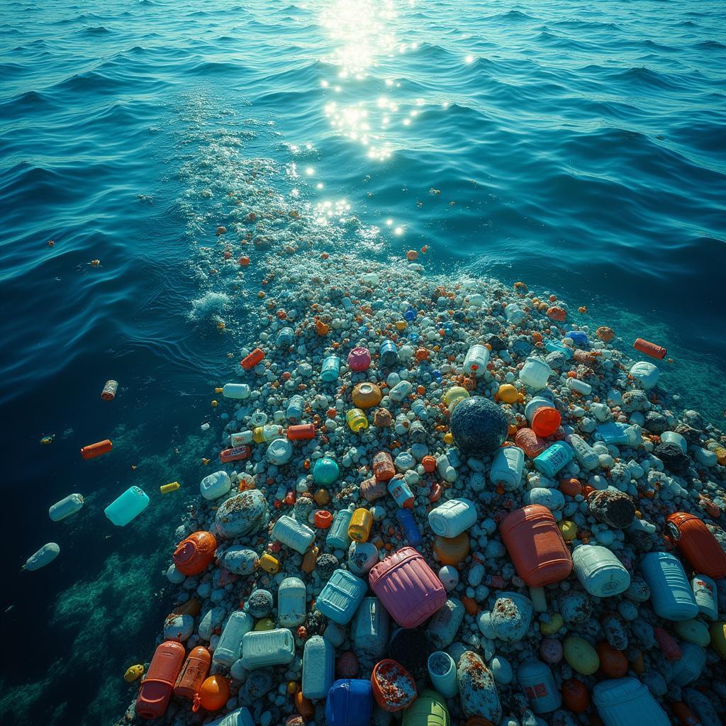 Extensive plastic waste polluting the ocean, posing a significant threat to marine life and ecosystems worldwide.