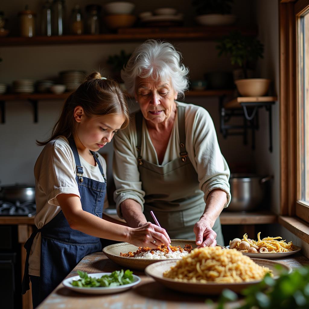 Elderly person patiently teaching a younger individual traditional cooking techniques in a warm, rustic kitchen