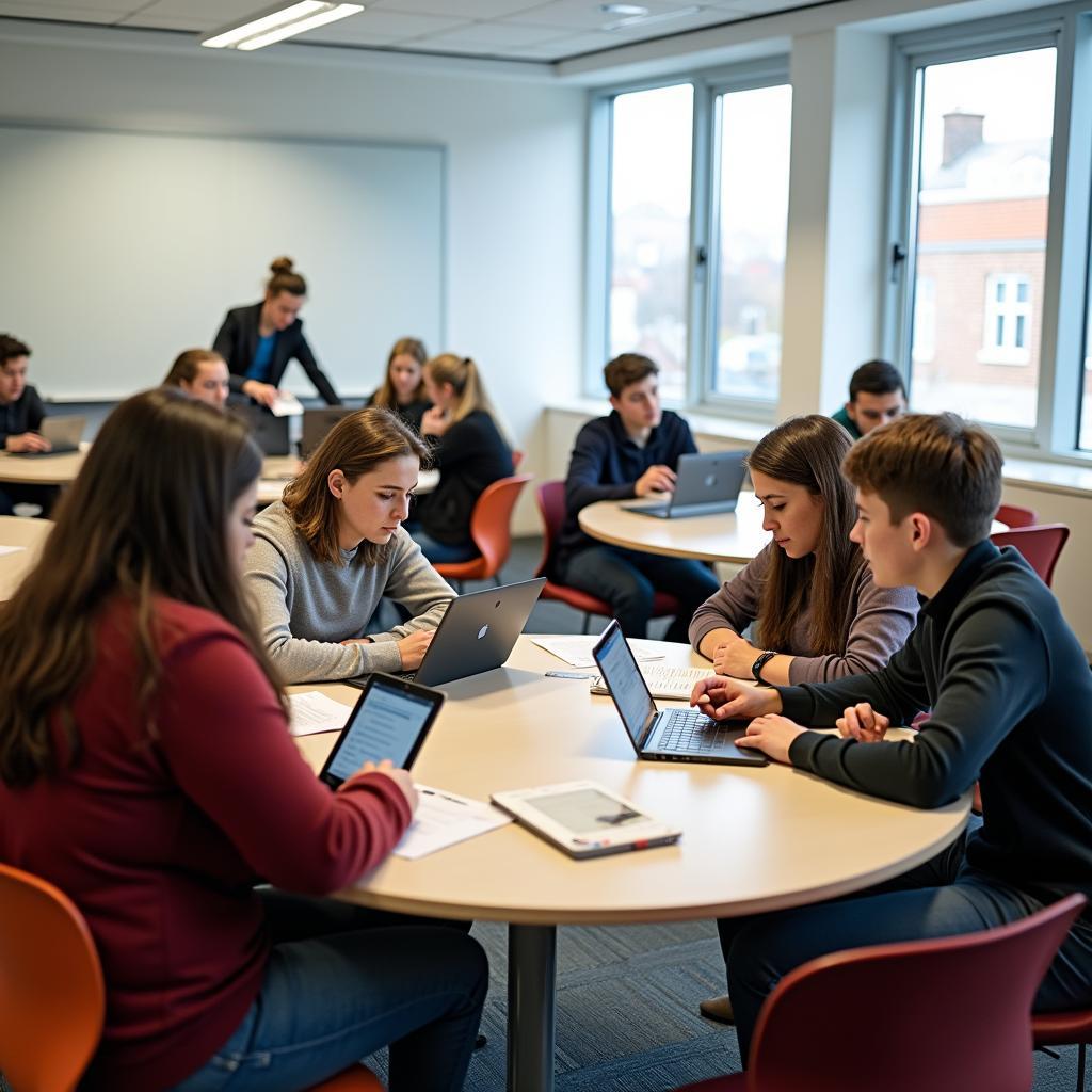 Students engaged in collaborative problem-solving activities in modern classroom