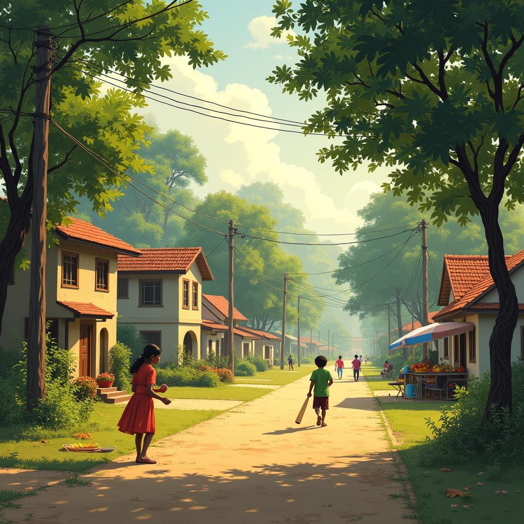 Vivid Mumbai suburban neighborhood, tree-lined streets, kids playing, evoking childhood nostalgia.