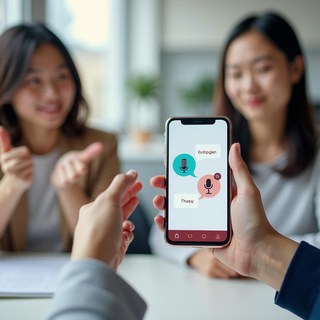 Smartphone displaying real-time voice translation app interface during conversation between two diverse individuals.