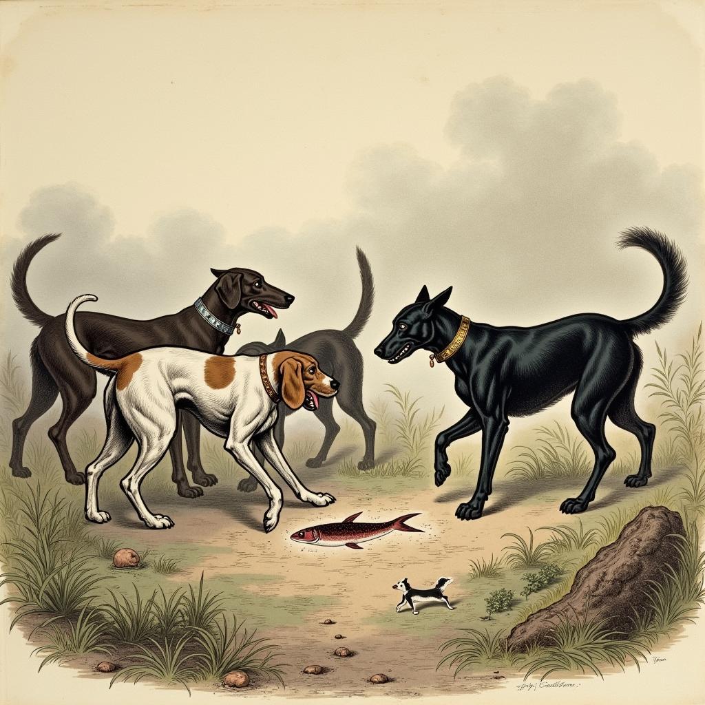 Illustration of hounds being distracted by a red herring scent trail during 19th-century training.