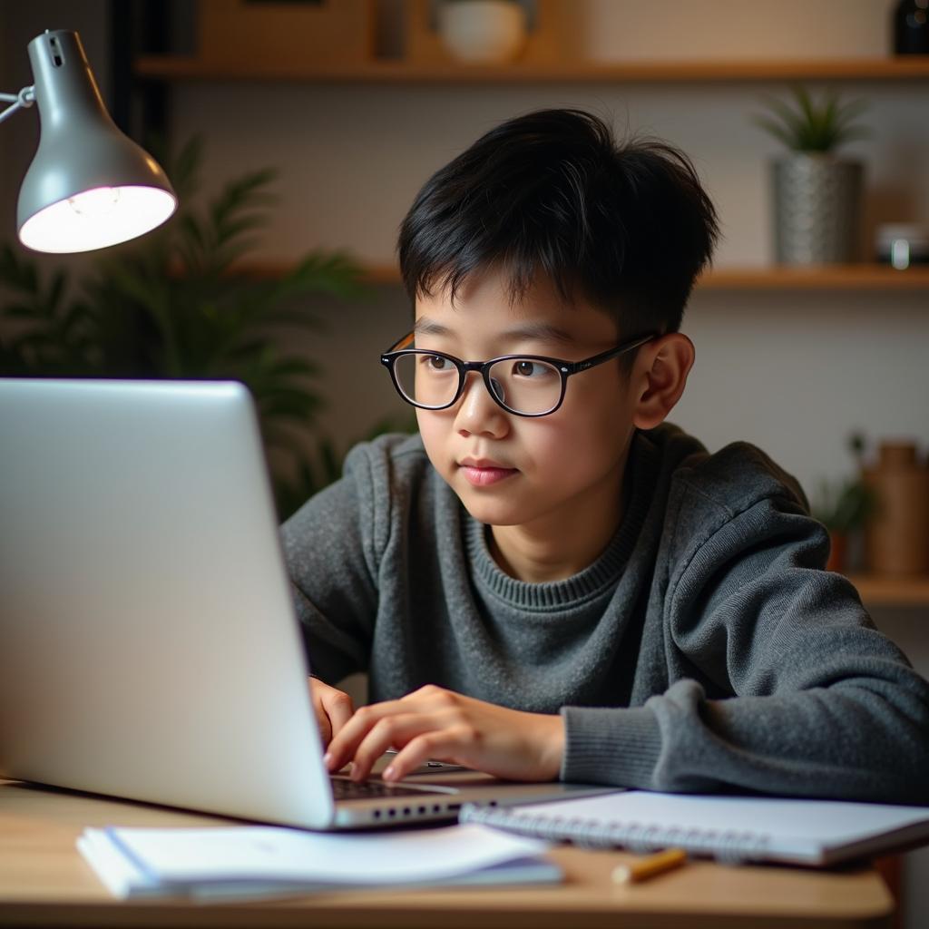 Student engaged in remote learning with digital devices