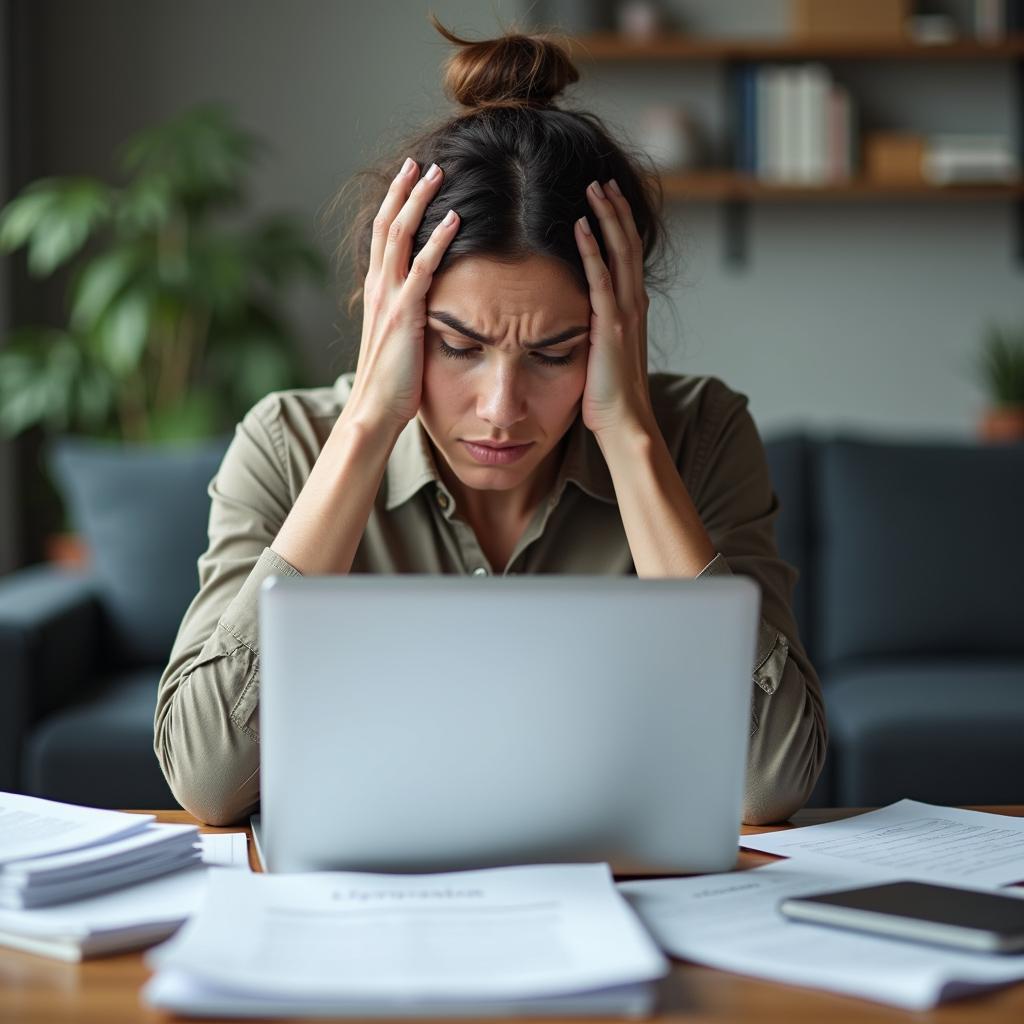 Stressed remote worker at laptop surrounded by paperwork, highlighting mental health challenges in digital workplaces.