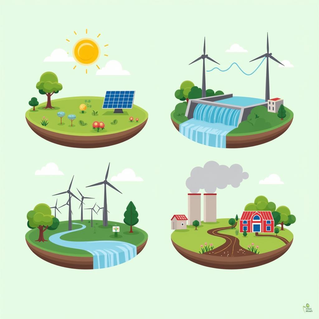 Illustration of various renewable energy technologies: solar panels, wind turbines, hydro dam, geothermal, and biomass.