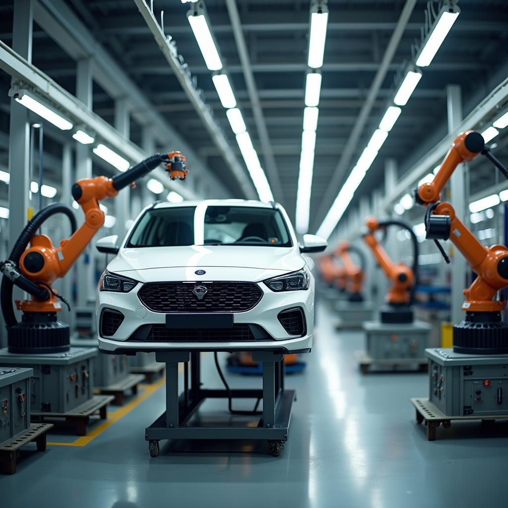 Robotic arms assembling cars in a modern factory showcasing technological impact on traditional manufacturing industry decline.