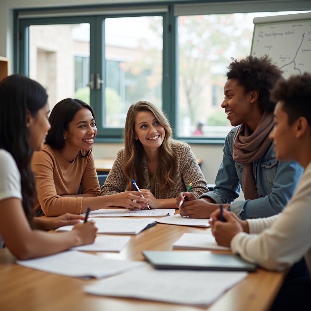 Diverse students collaborating in modern classroom setting