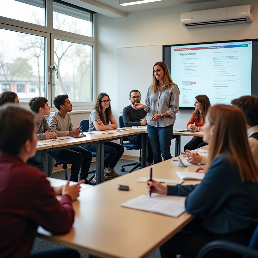 Students engaging in classroom discussion about social responsibility