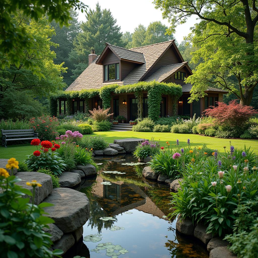 Serene secluded home garden with lush greenery, flowers, peaceful pond for unwinding and reflection