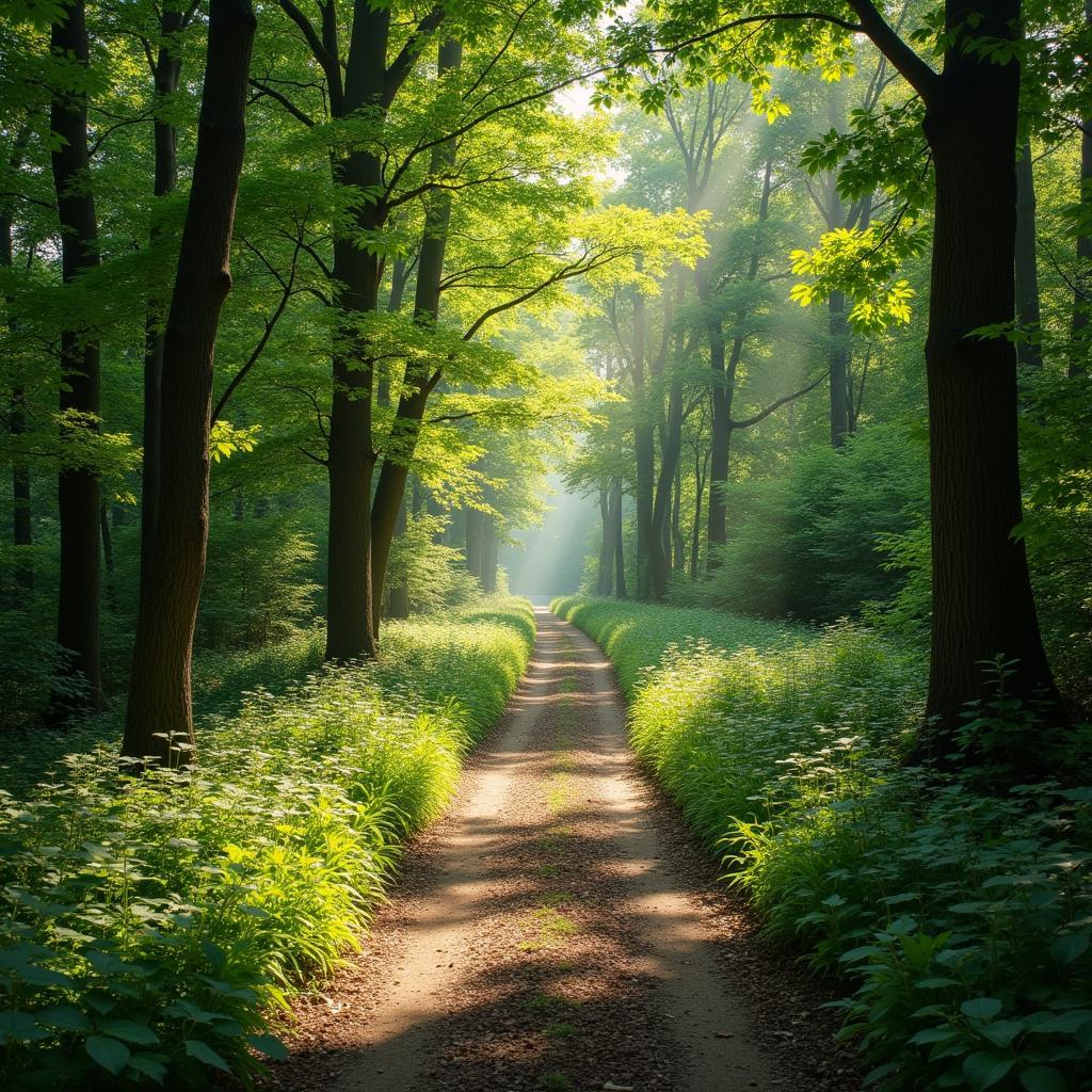 Serene forest path, sunlight filtering through trees, a nature enthusiast's peaceful escape for IELTS Speaking.