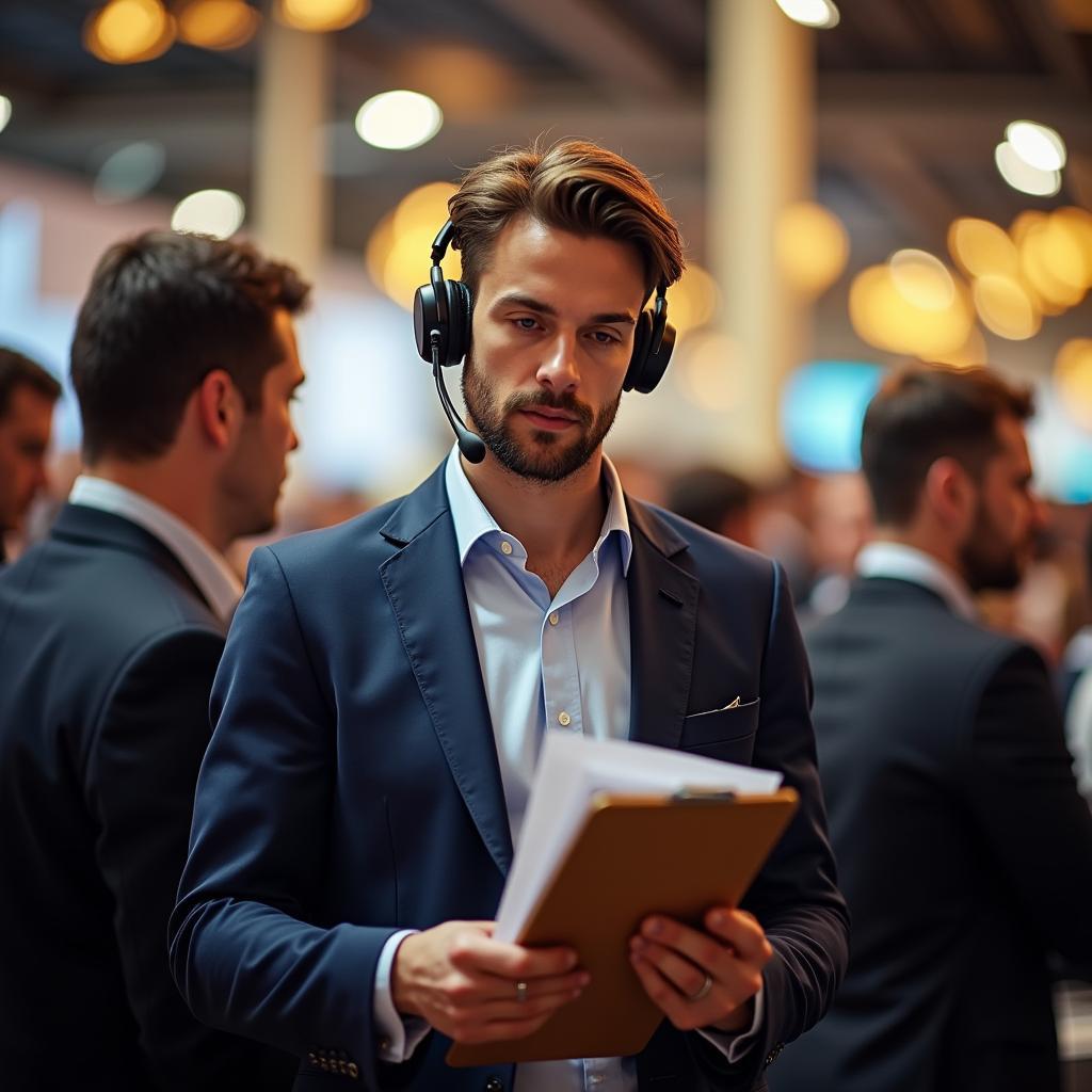 Skilled event organizer calmly managing multiple tasks with clipboard and headset at a successful event.