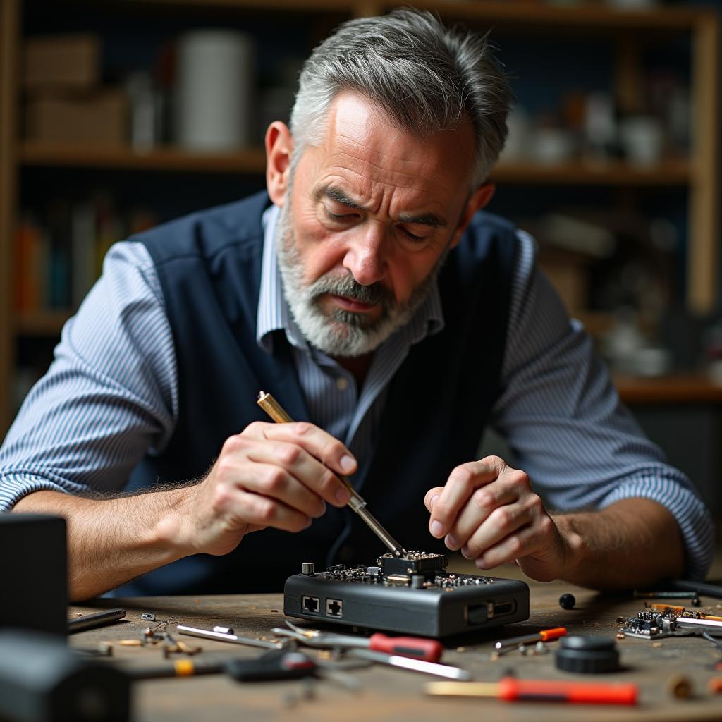 Skilled middle-aged man carefully repairing a complex electronic device with tools, demonstrating problem-solving abilities.