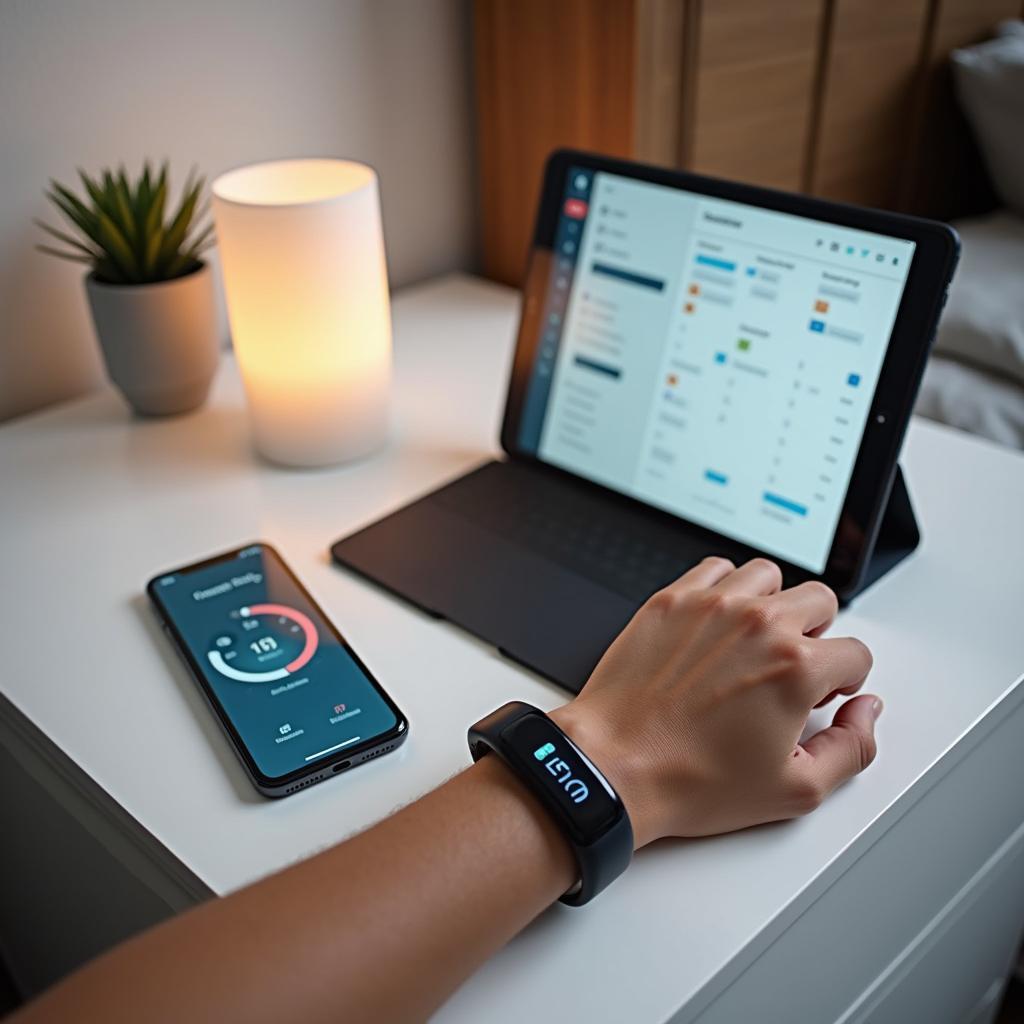 Smart technology seamlessly integrated into daily life with smart alarm, productivity apps, and wearable fitness tracker.