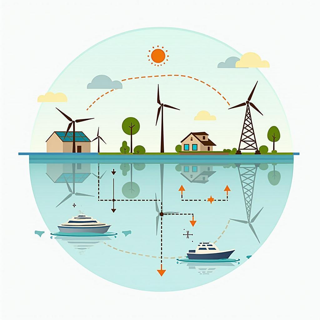 Smart grid managing fluctuating solar and wind energy, ensuring stable power supply and efficient grid integration.