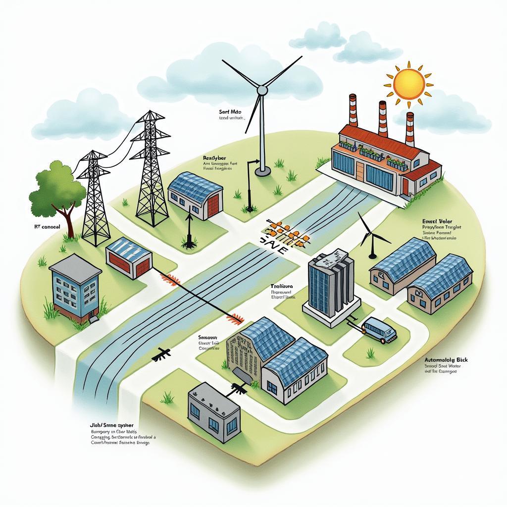 Smart grid system diagram illustrating electricity and information flow with renewable sources, smart meters, and automated controls