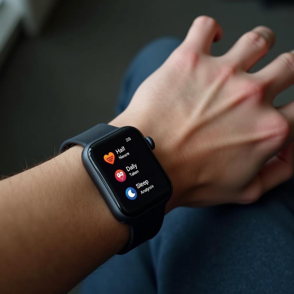 Smartwatch on wrist displaying heart rate, steps, sleep data health monitoring features.