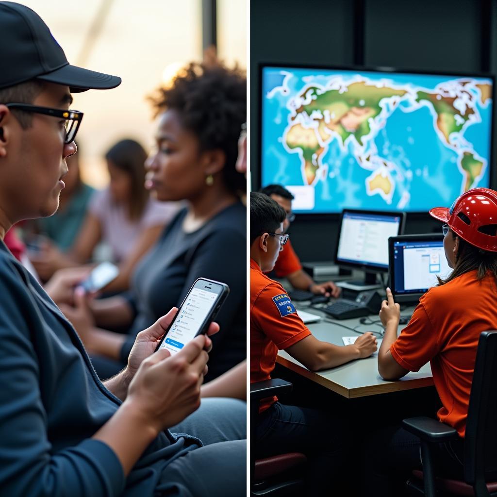 Positive social media crisis use: public receiving alerts, rescue teams coordinating with shared real-time information.