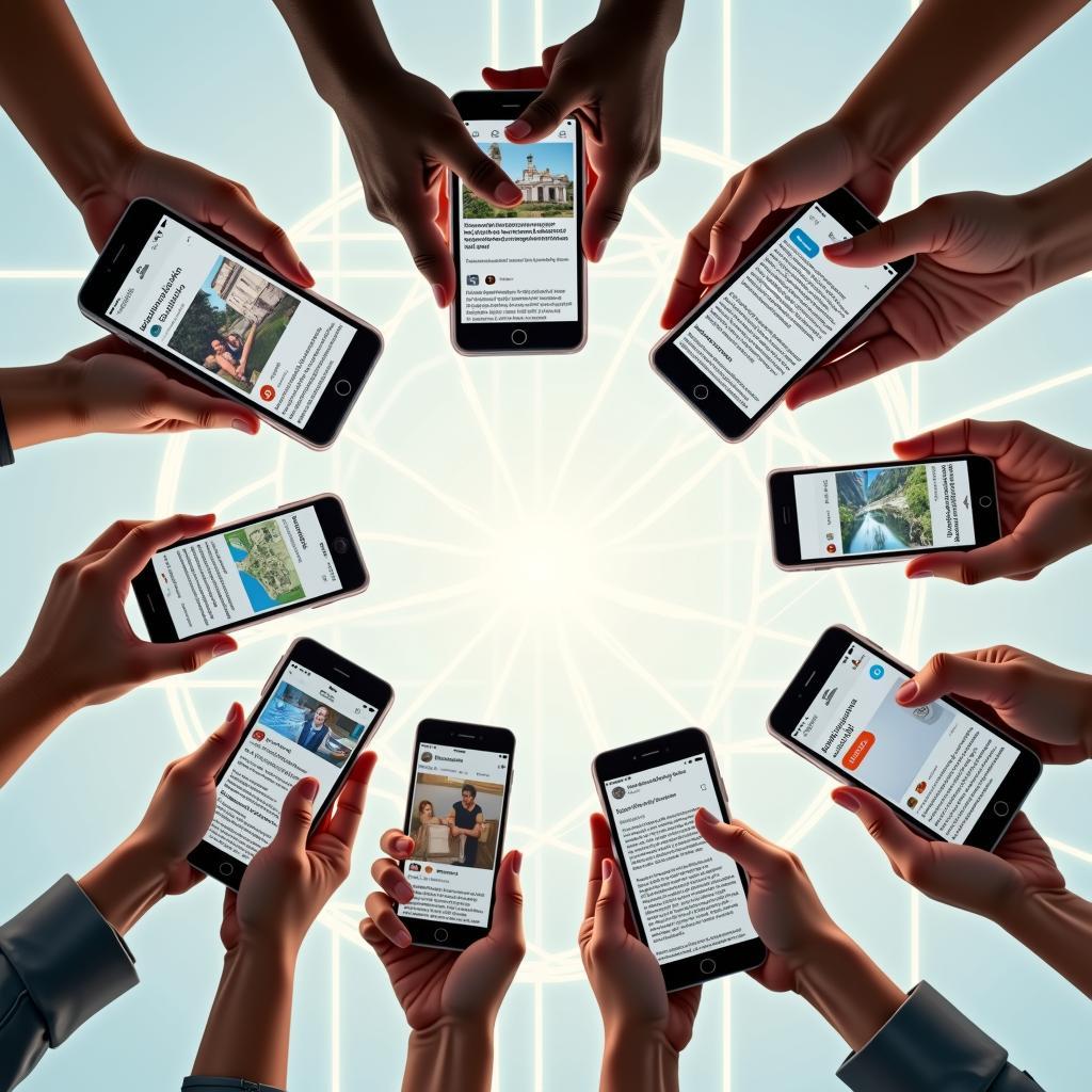 Diverse hands with smartphones sharing news, symbolizing social media's democratization of information and inclusive discourse.