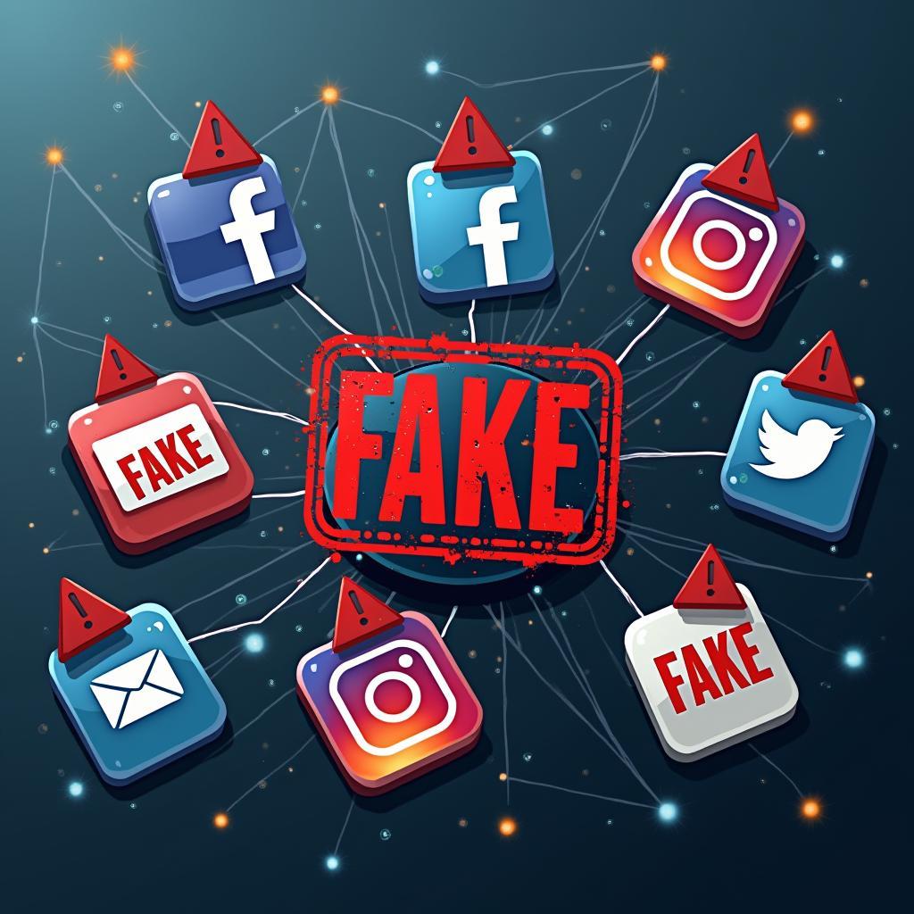 Conceptual art: social media icons, warning signs, symbolizing platforms' struggle with fake news responsibility.