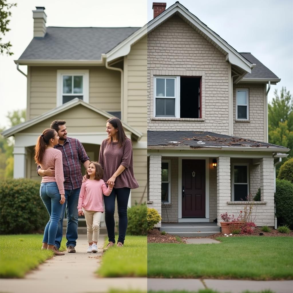 Split image contrasting effects of social welfare on family housing, health, and overall well-being.