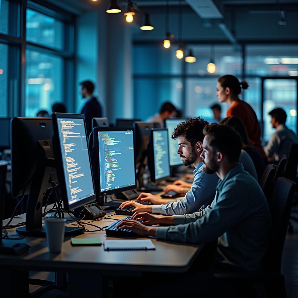 Focused software development team diligently working late in office on critical project deadline
