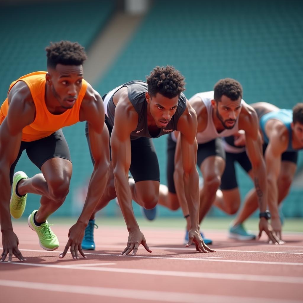 Sprinter exploding from starting blocks showcasing anaerobic endurance in action for sports performance