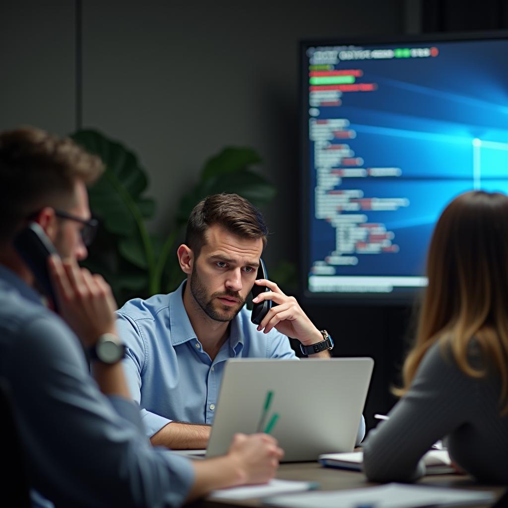 Project manager stressed in team meeting makes critical decision, laptop error, phone call.