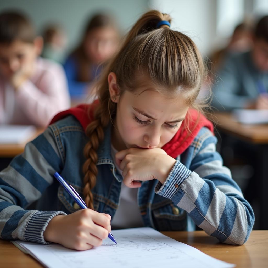 Student feeling nervous during high school final exam, crucial for academic future, showing pressure.