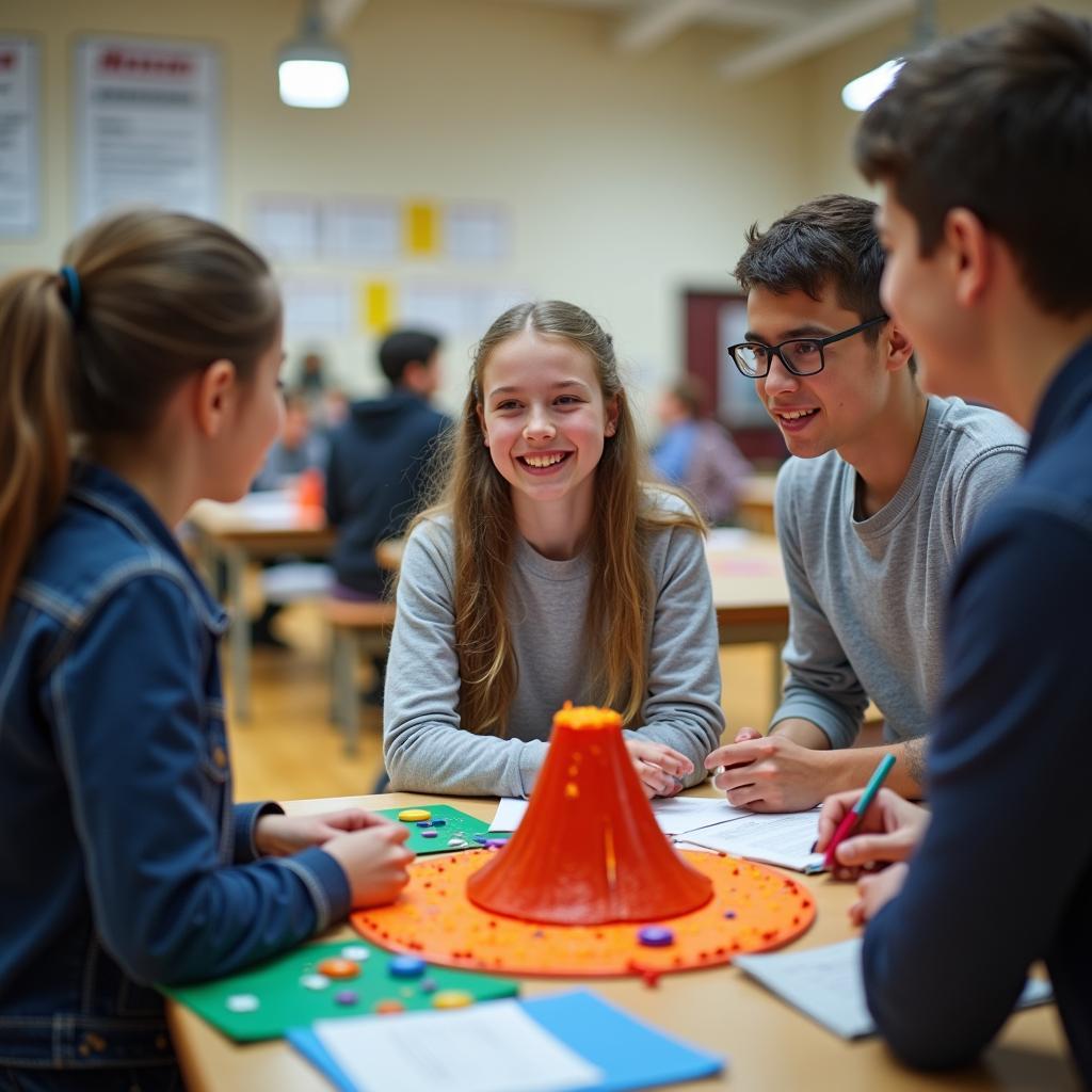 Student enthusiastically presents innovative science fair project to attentive judges at school event.