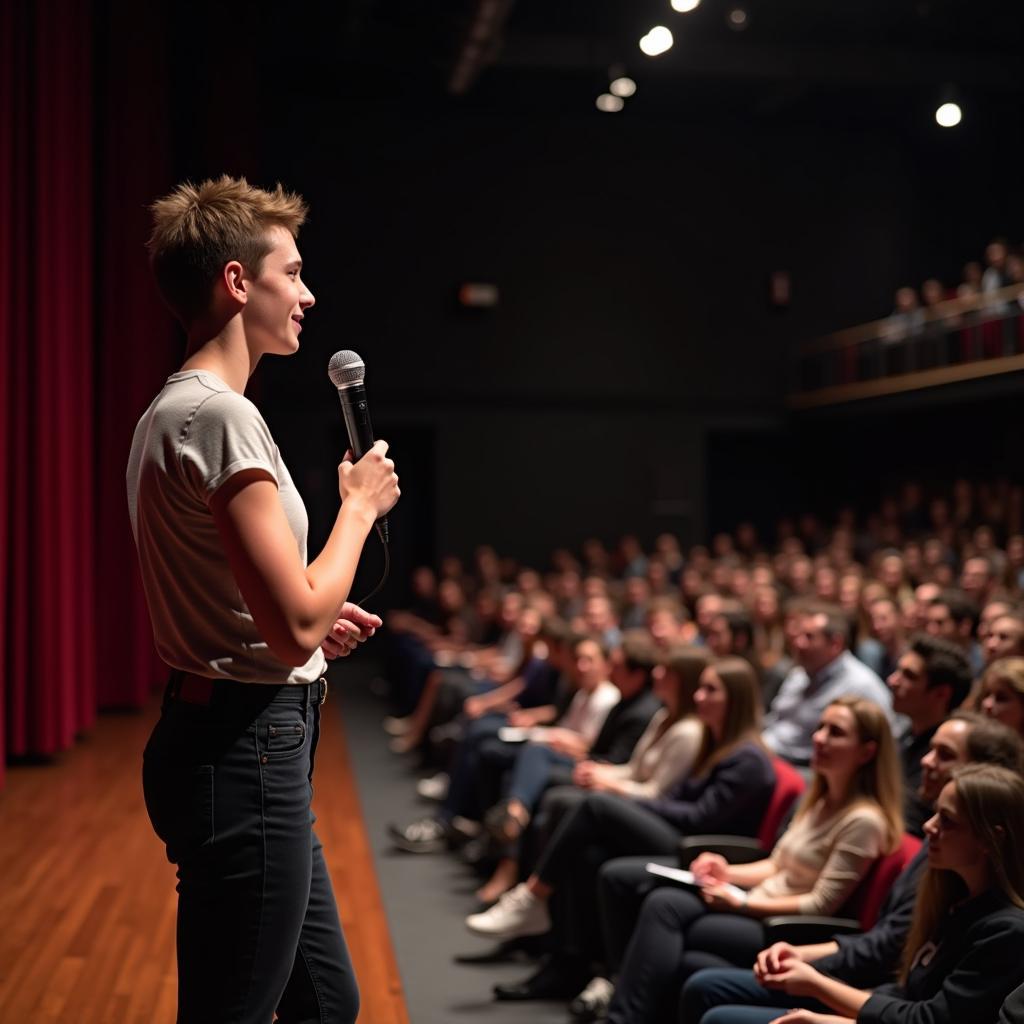 Student presenting speech on stage at a university public speaking competition, looking confident with microphone.
