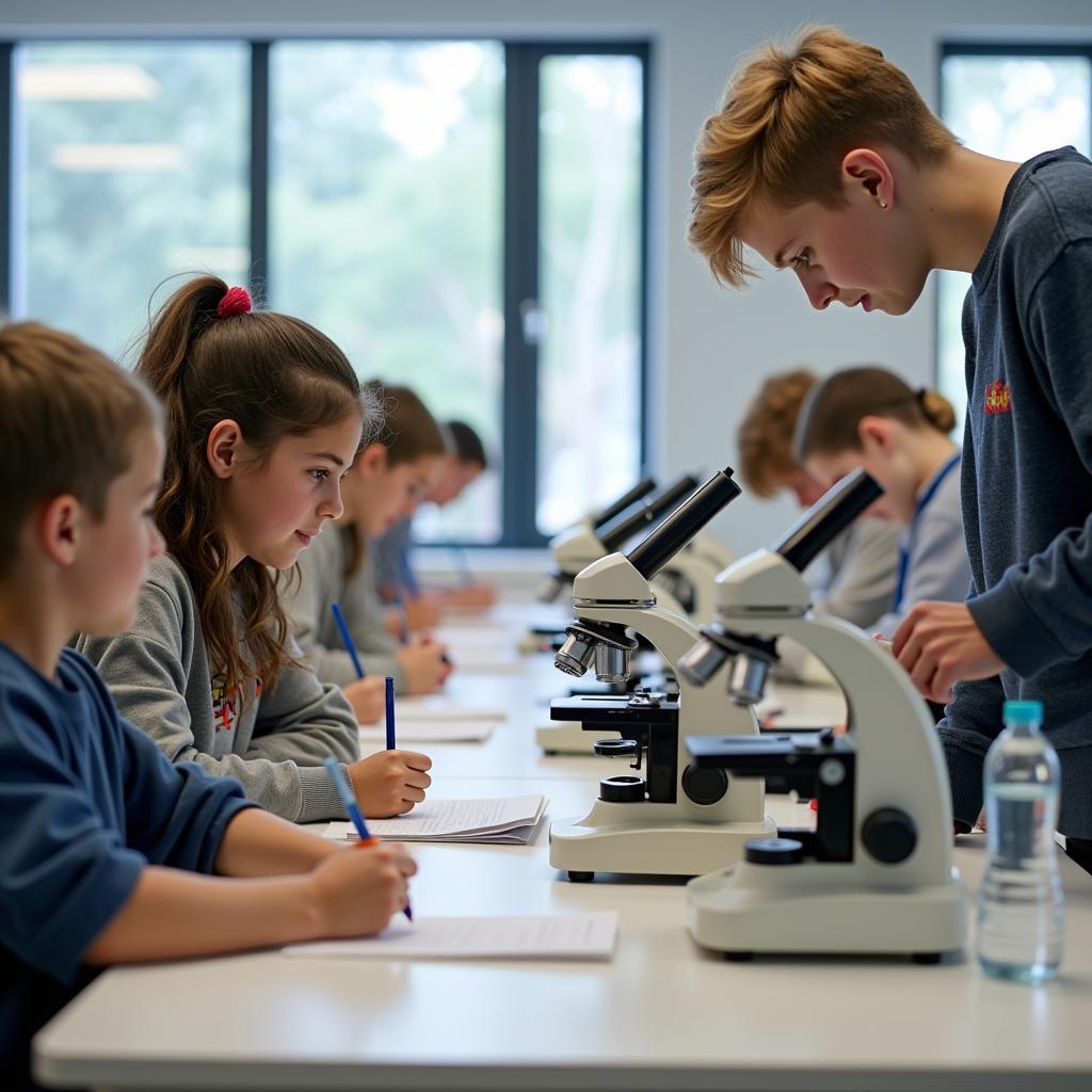 Primary school students performing simple science experiment with teacher guidance
