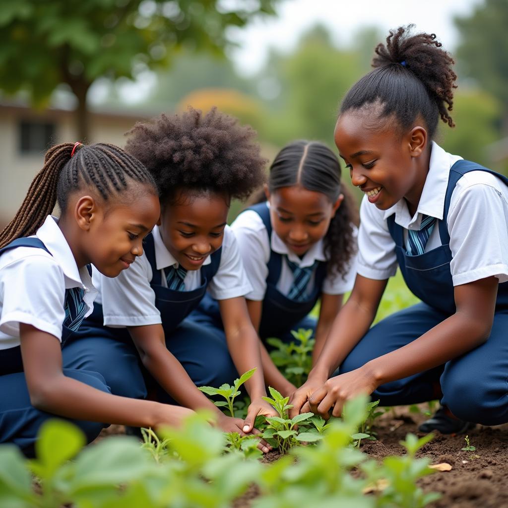 High school students participating in community volunteer work